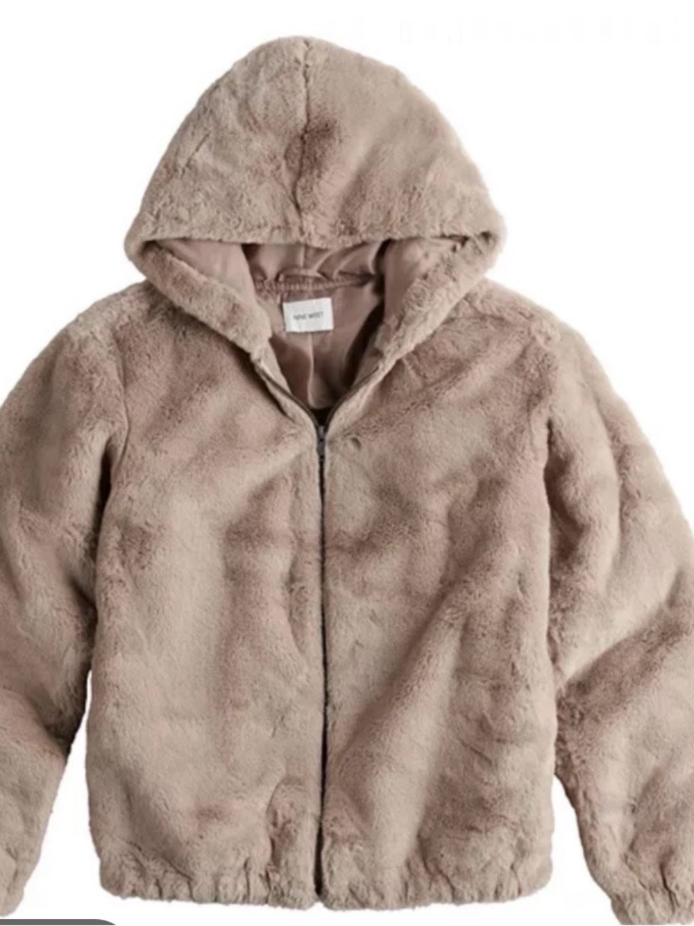 Nine West Plush Faux Fur Hooded Bomber Jacket in Taupe/Lavender